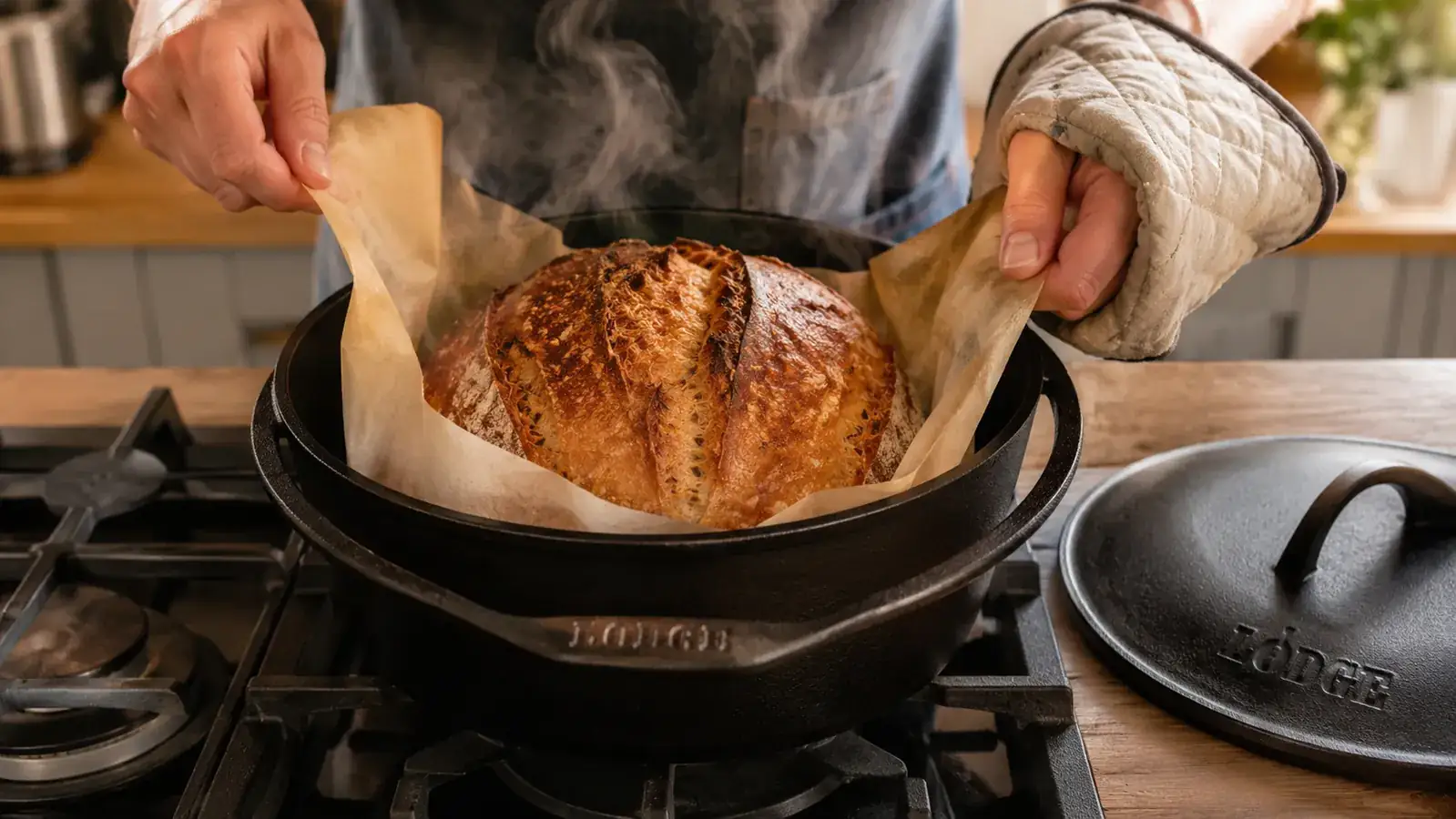 Hands lifting a golden sourdough loaf out of a Lodge cast iron Dutch oven using parchment paper