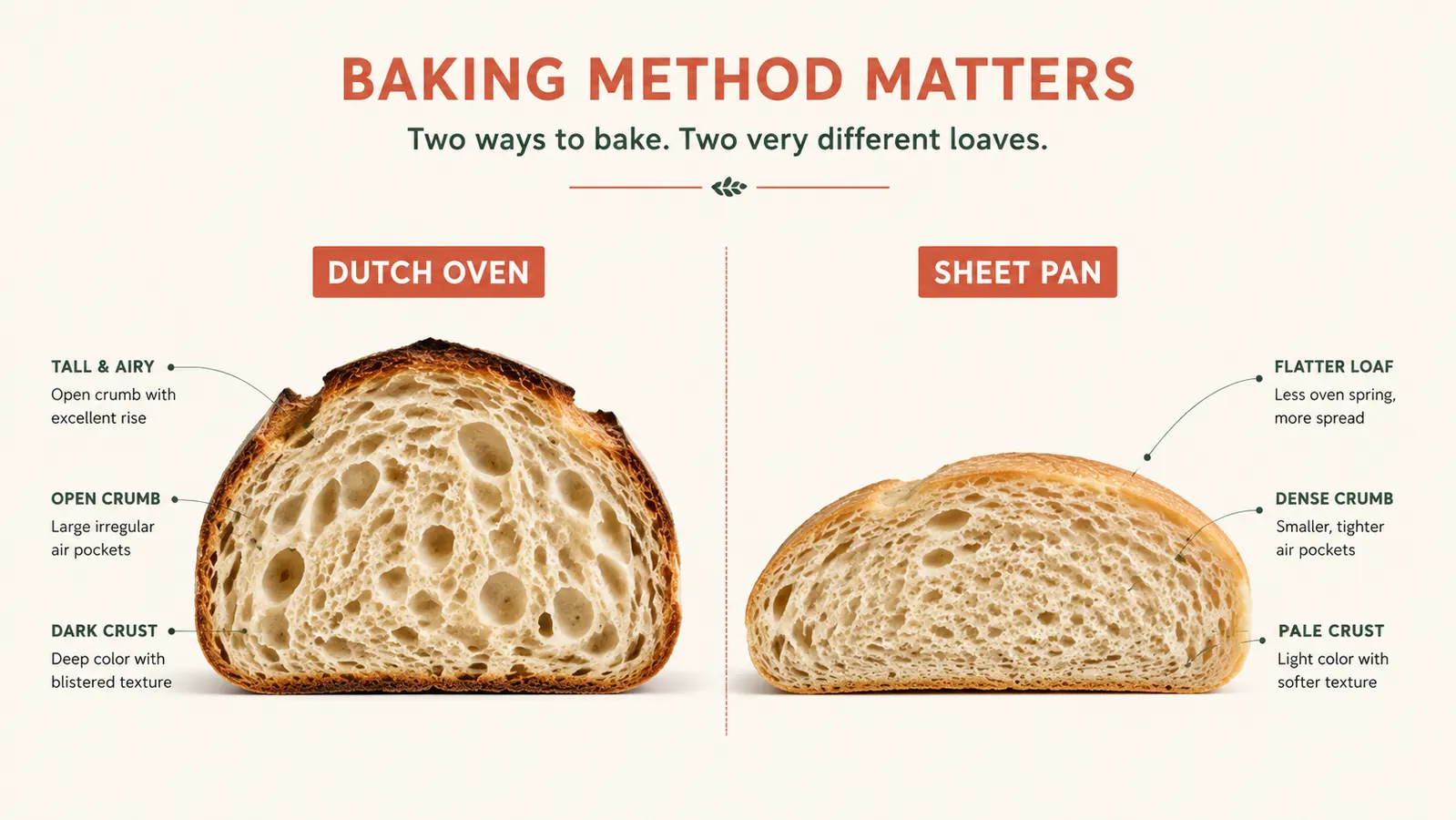 Cross-section comparison of sourdough baked in a Dutch oven versus on a sheet pan, showing oven spring and crust color difference