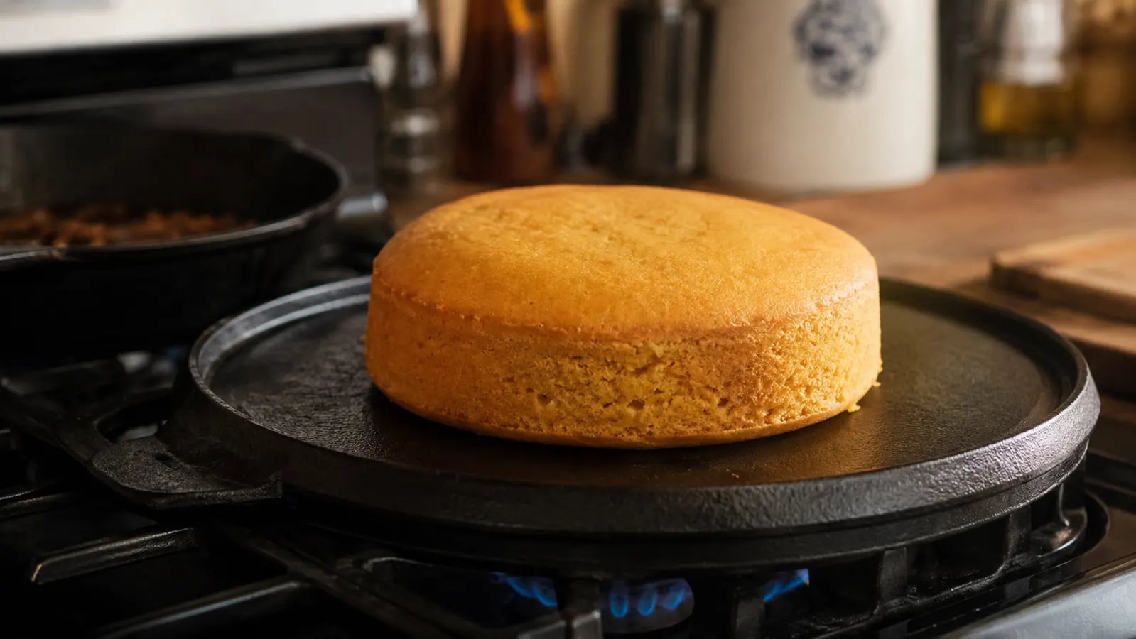 Lodge cast iron Dutch oven lid inverted and used as a skillet on a stovetop with a seared piece of cornbread