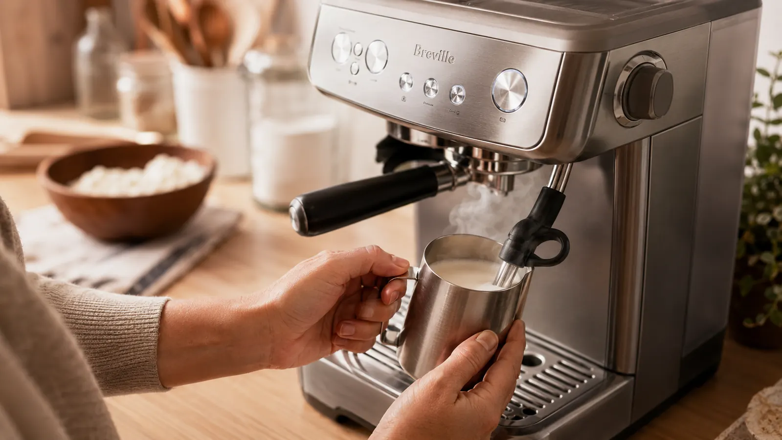 Person steaming milk in a small stainless pitcher next to the Breville Barista Express at home