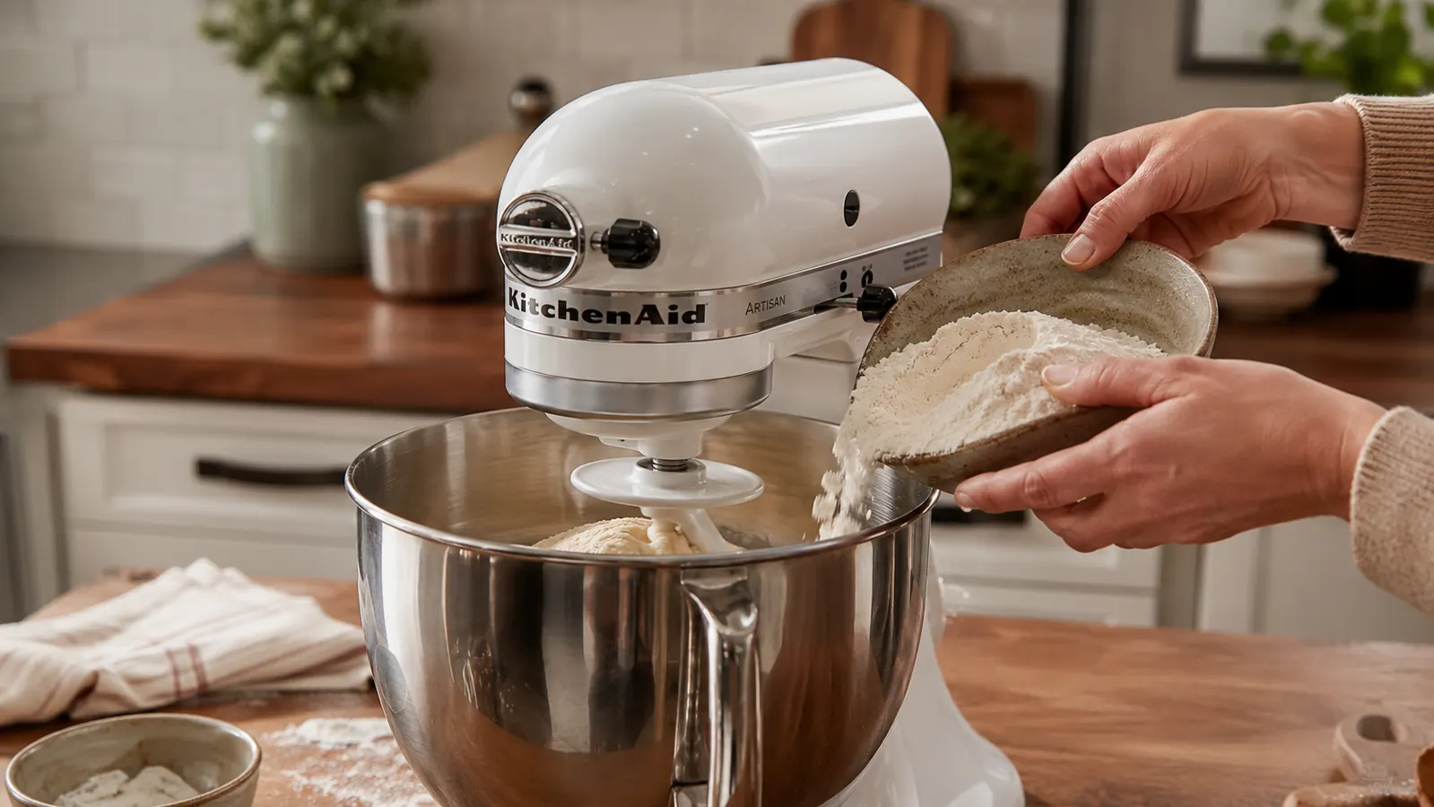 Woman adding ingredients to a KitchenAid stand mixer bowl while the dough hook kneads thick bread dough