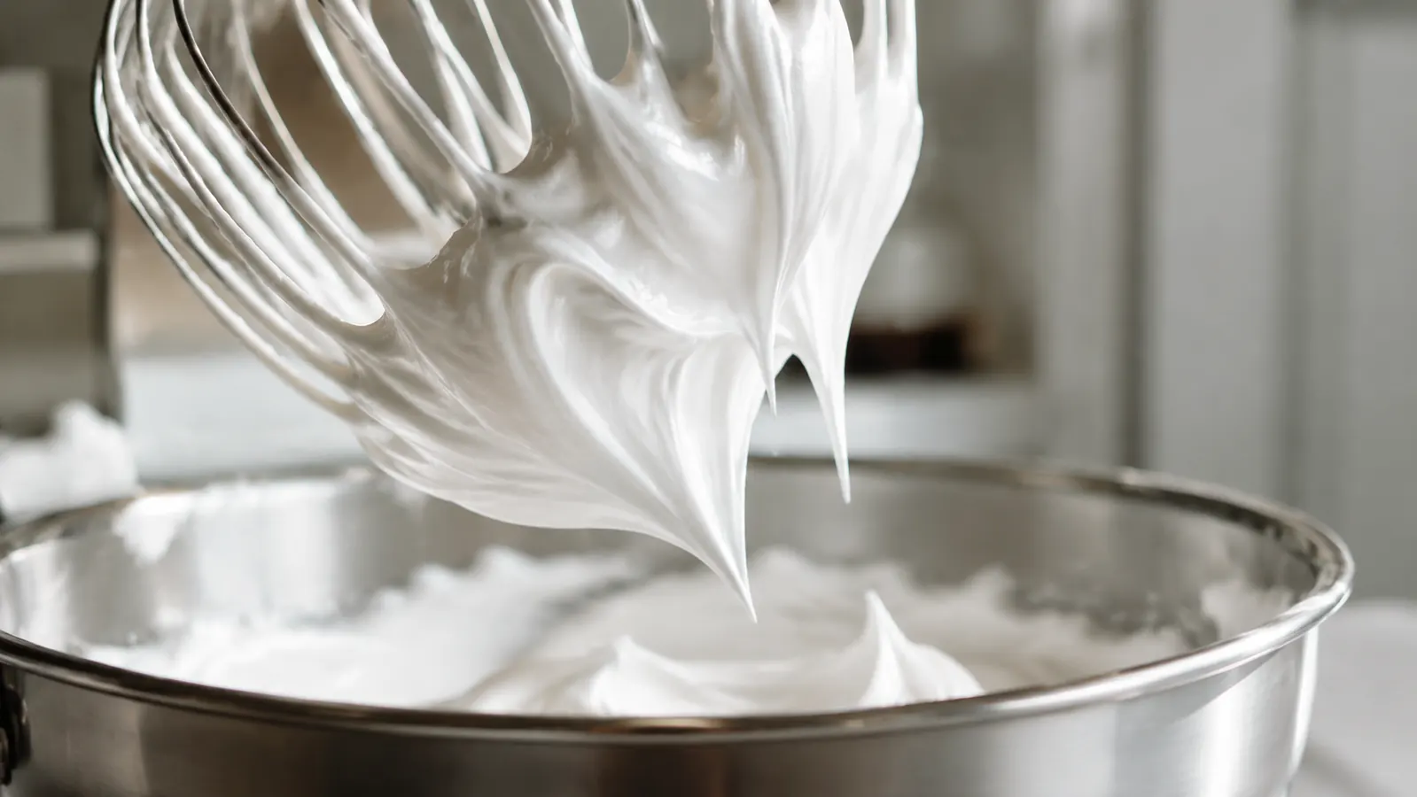 Gleaming stiff meringue peaks formed in a KitchenAid mixer bowl, whisk attachment raised