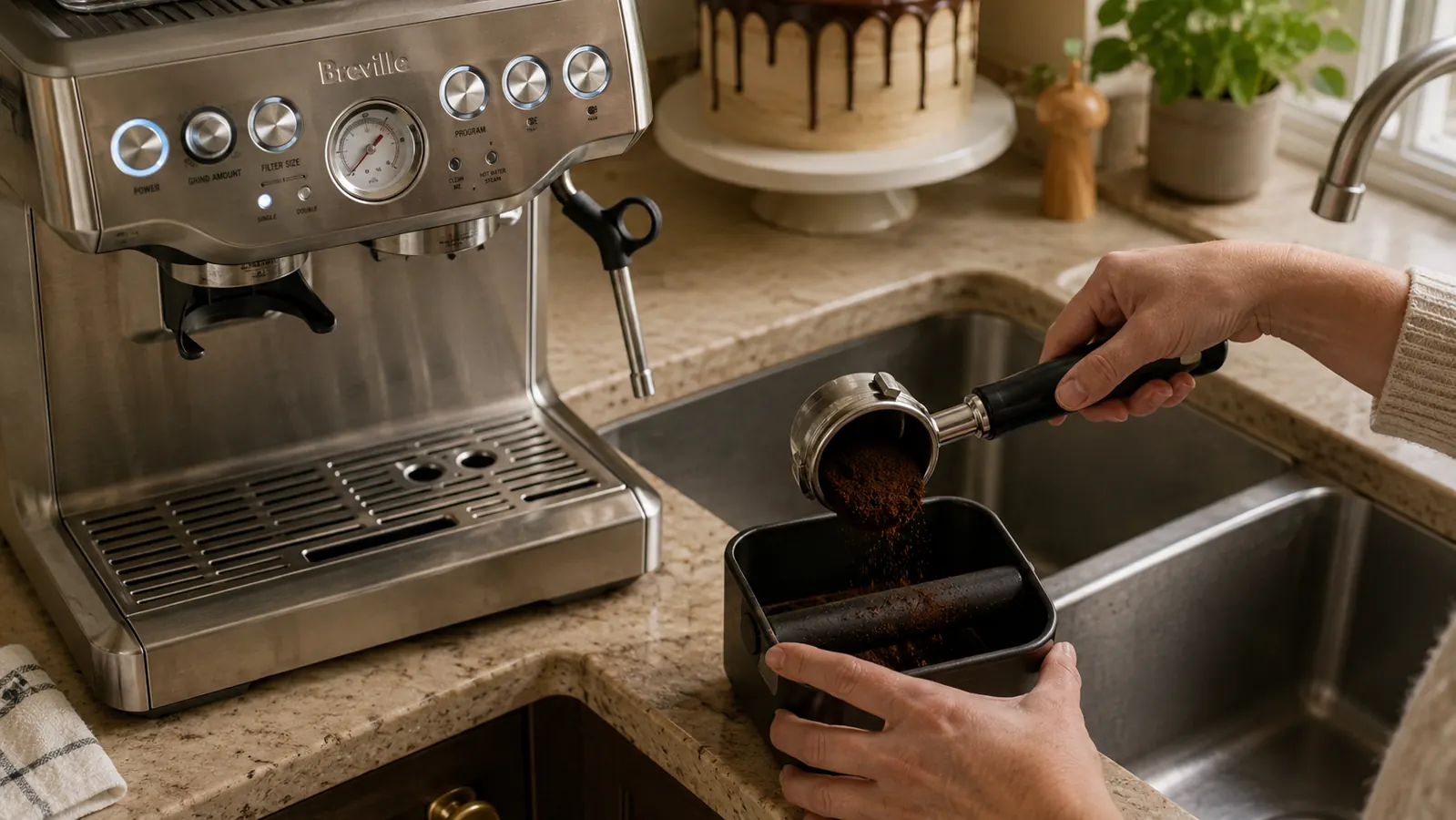 Coffee grounds and portafilter basket being cleaned out over a sink, showing the daily maintenance routine