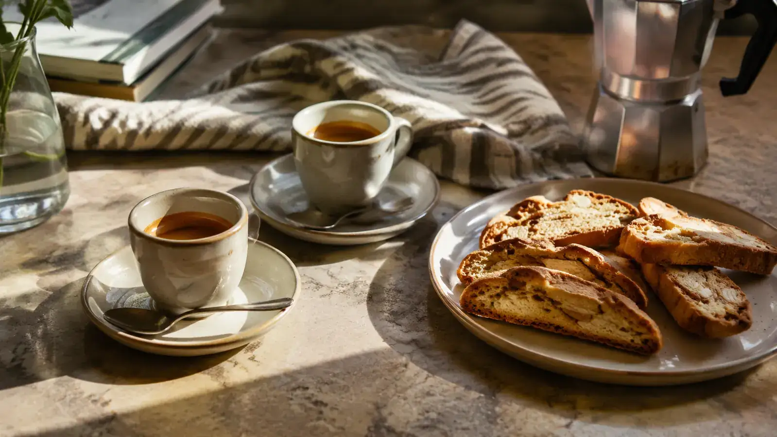 Morning kitchen table with two espresso cups and a small plate of biscotti, sunlight across the surface