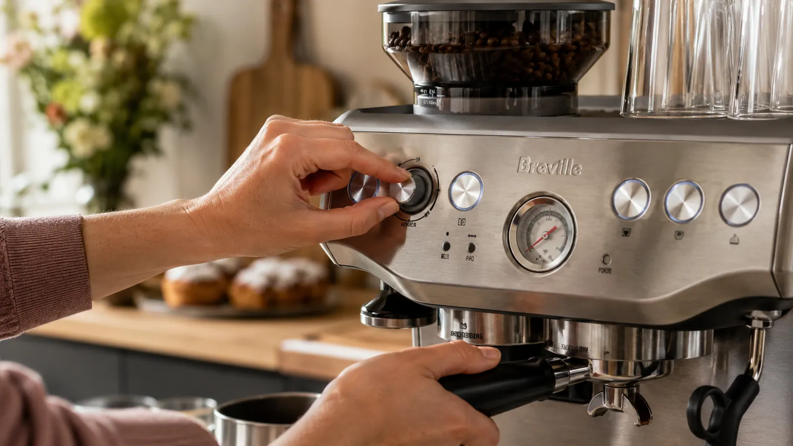Hand adjusting the grind dial on the Breville Barista Express with coffee beans visible in the hopper