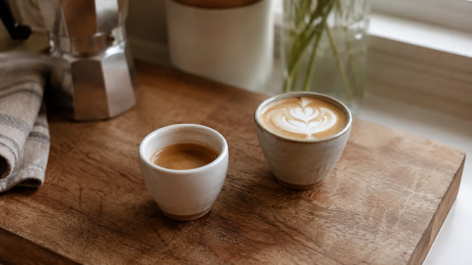 Two espresso drinks side by side, one a straight double shot and one a cortado, on a wooden surface