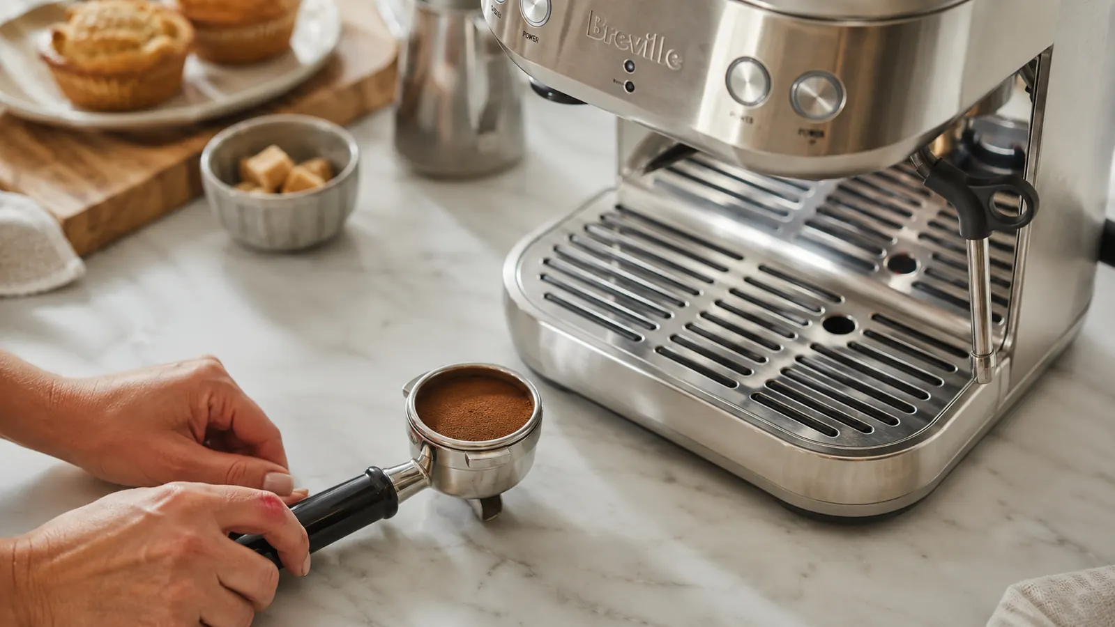 Portafilter and spent espresso puck on a white surface next to the Breville Barista Express