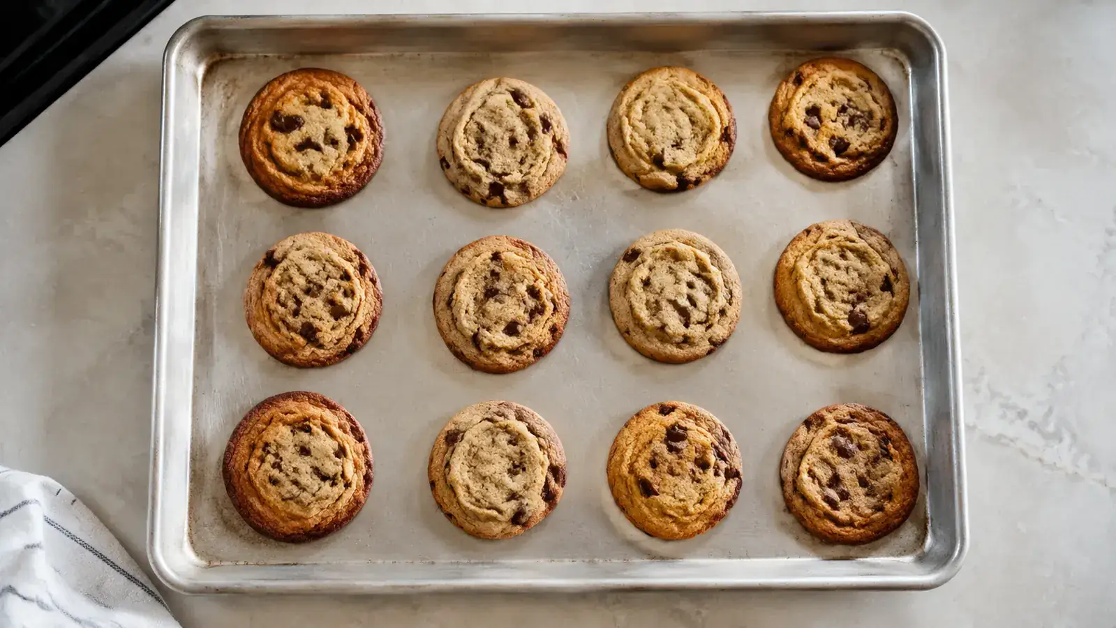 Overhead view of a baking sheet with cookies showing uneven browning, darker at the edges and lighter in the center