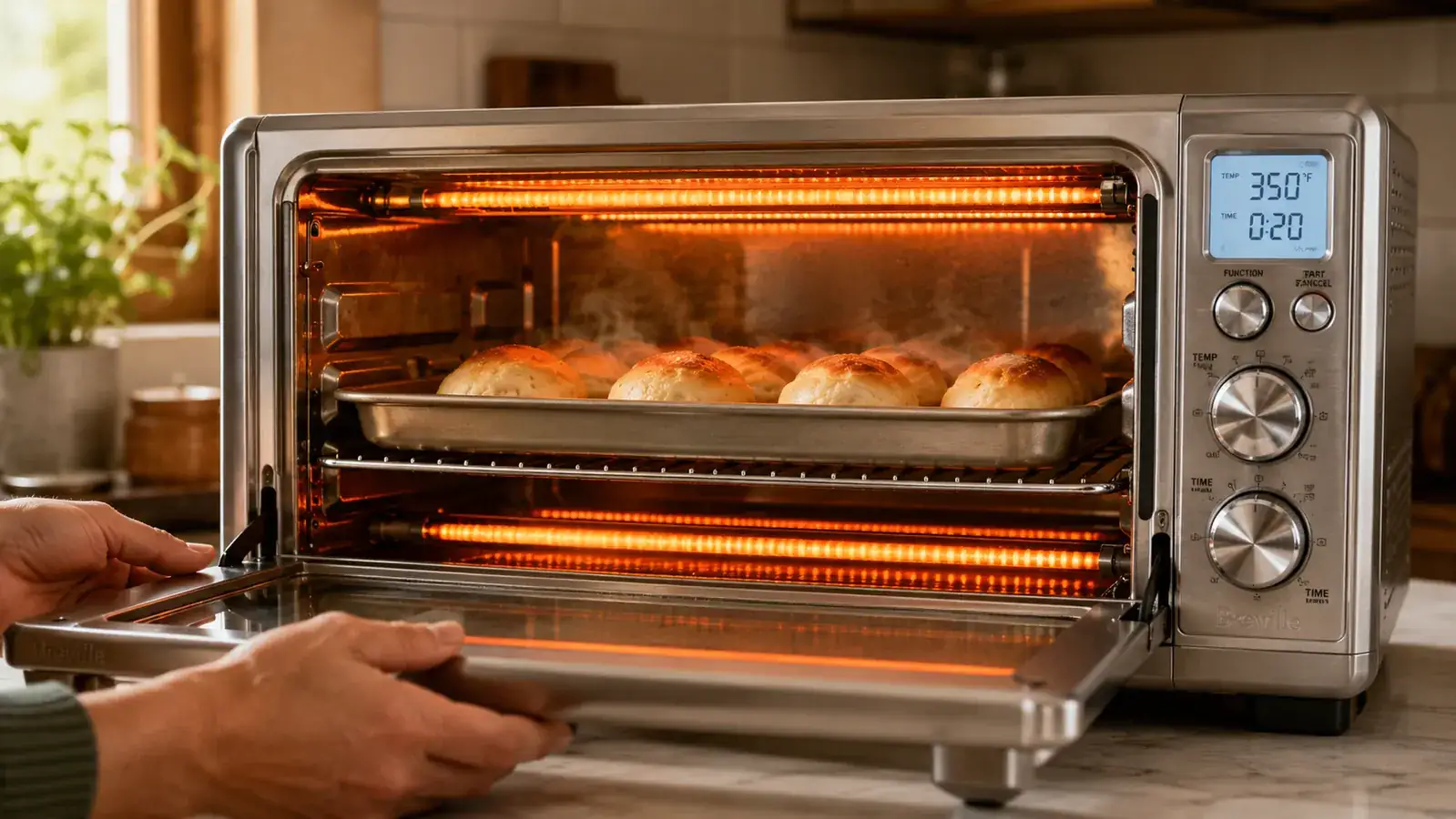 Close-up of the Breville BOV845 interior heating elements with a baking pan on the center rack