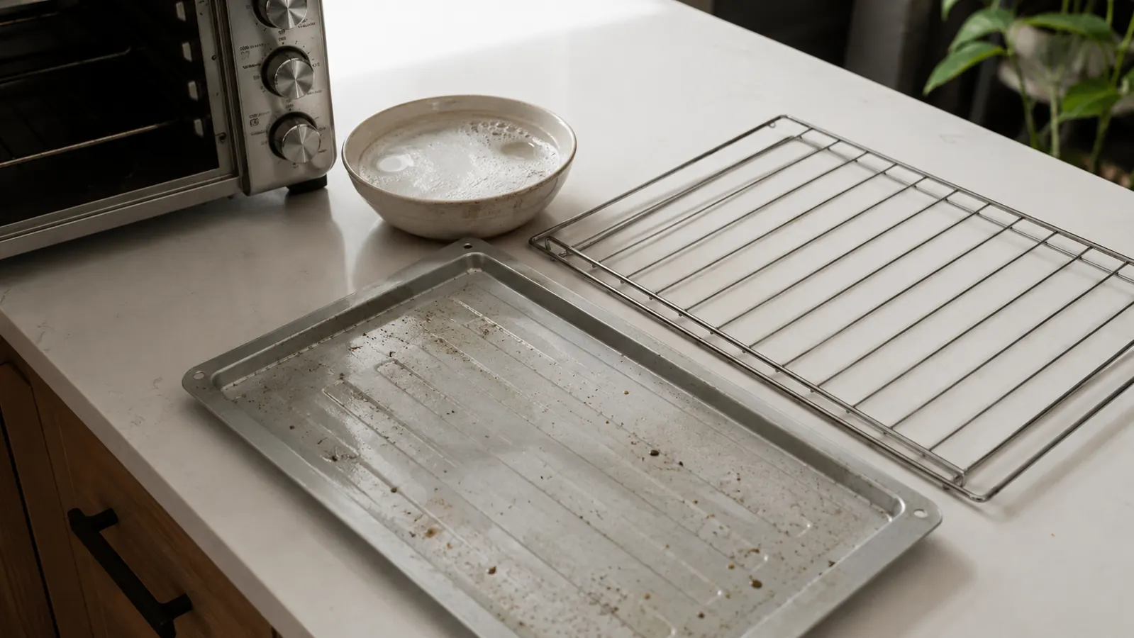 Disassembled Breville BOV900 crumb tray and wire rack laid out on a kitchen counter next to a small bowl of soapy water