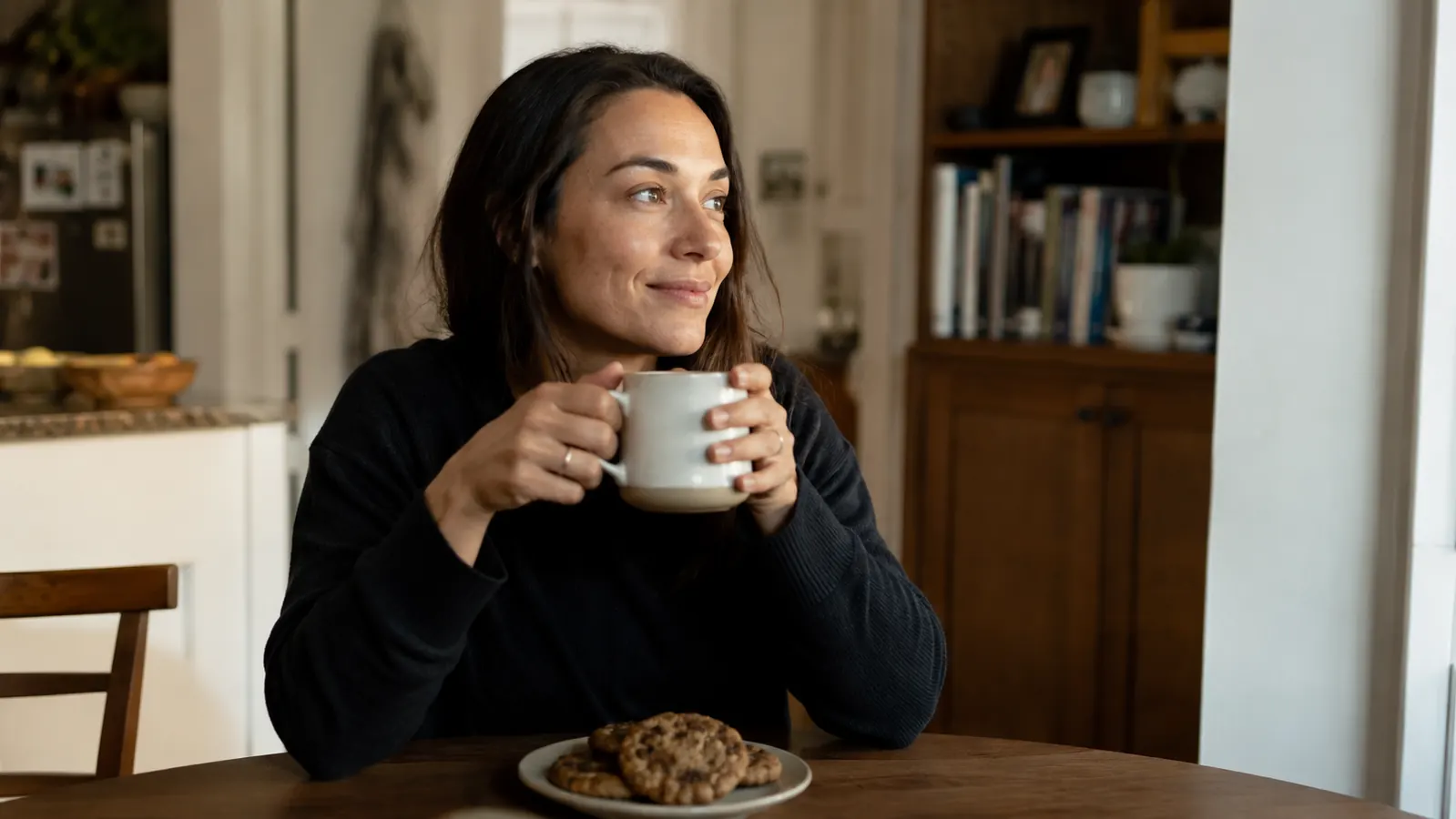 Woman at a kitchen table holding a mug of coffee, looking relaxed and satisfied, with a plate of cookies nearby