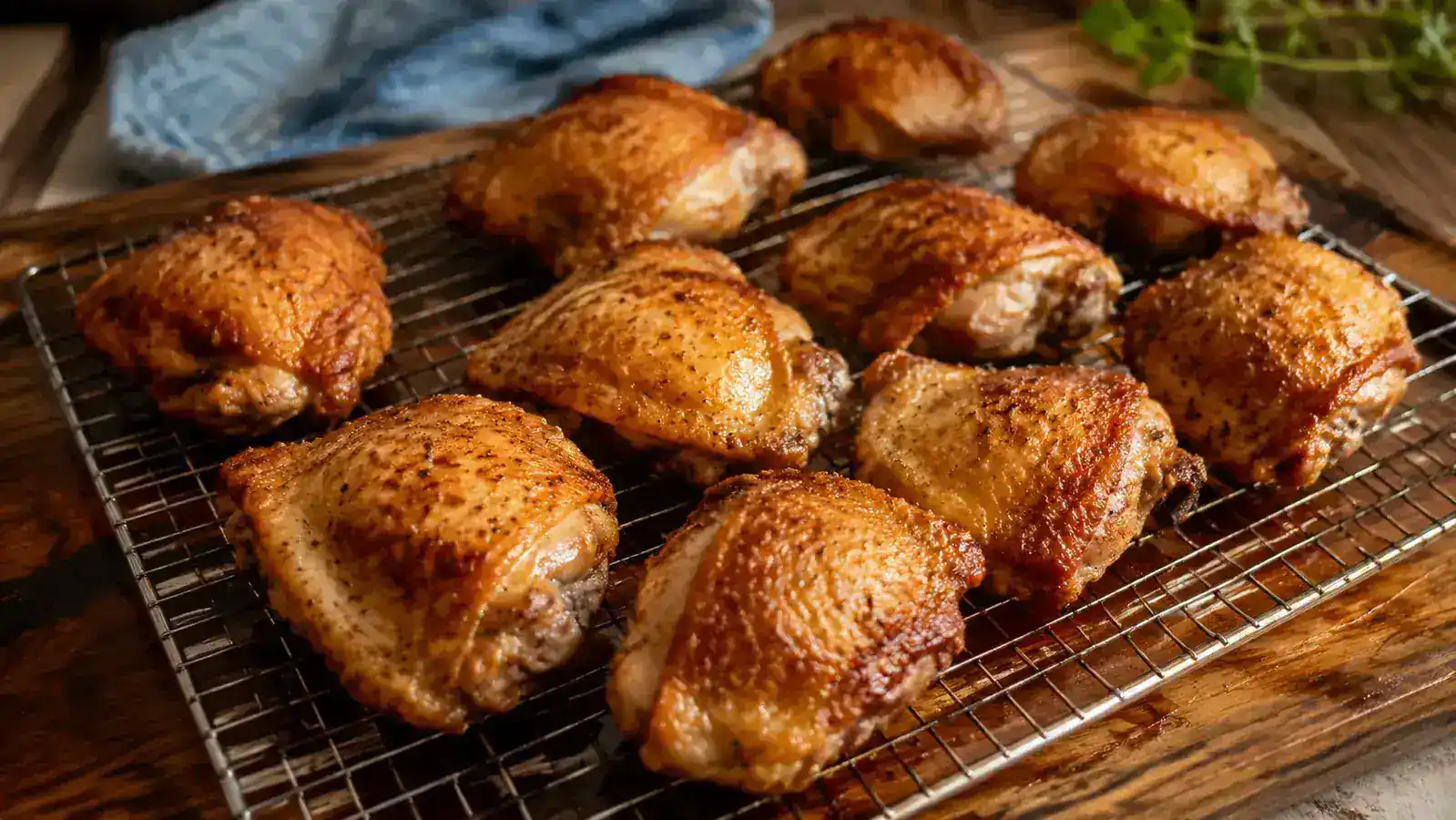 A tray of golden air-fried chicken thighs resting on a wire rack on a wooden cutting board