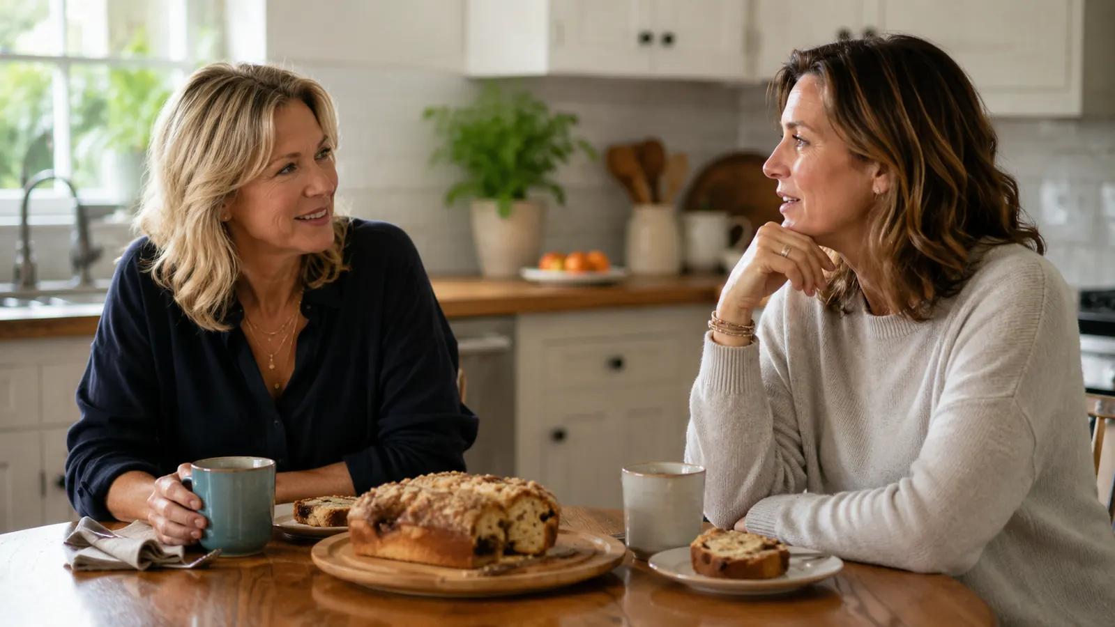 Two women sitting at a kitchen table with mugs of coffee and a slice of coffee cake, in conversation