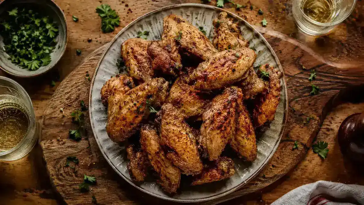 Plate of perfectly crispy air-fried chicken wings with golden skin, plated on a wooden board