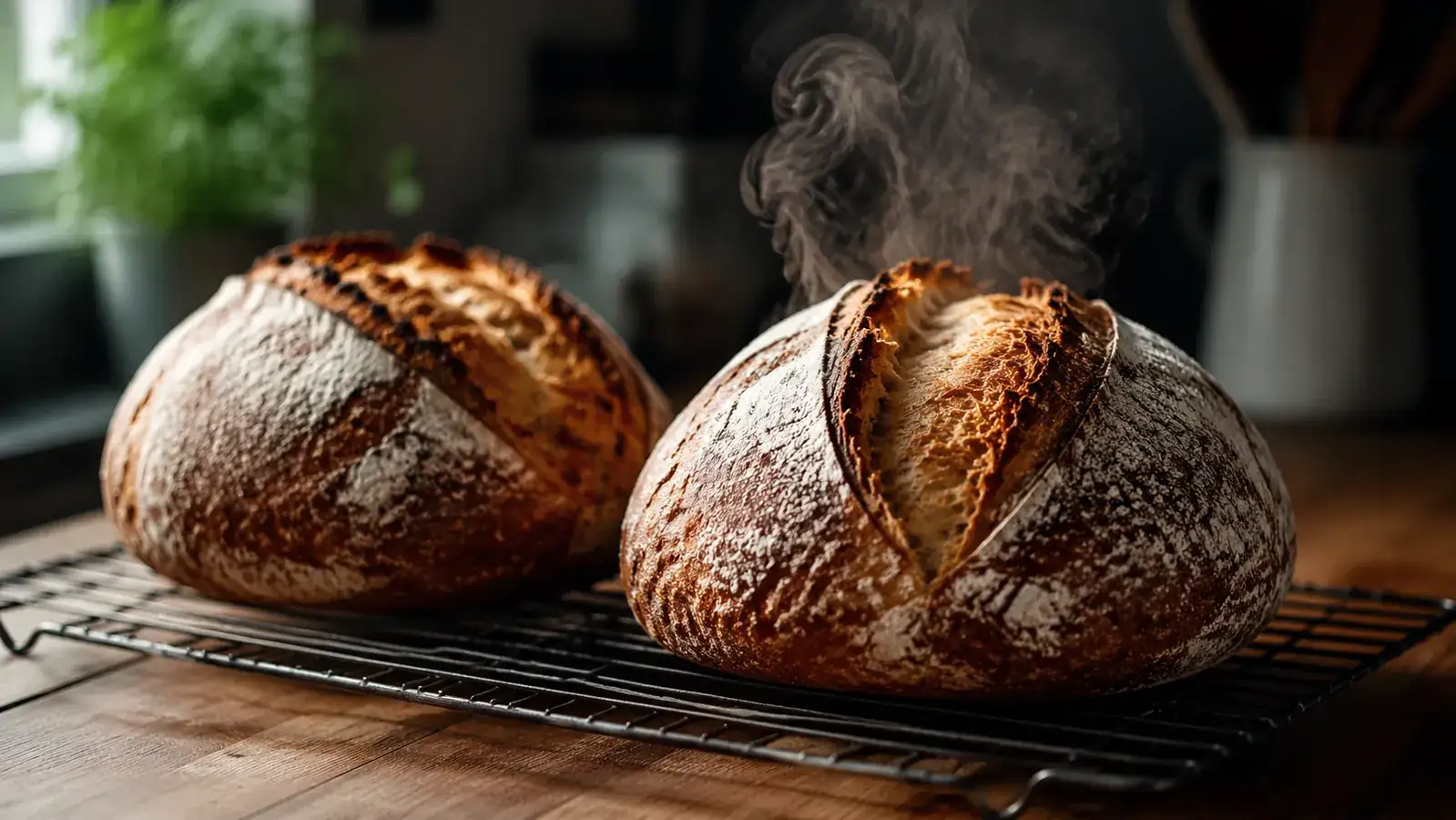 Two loaves of freshly baked artisan bread cooling on a wire rack, golden crust with visible ear score