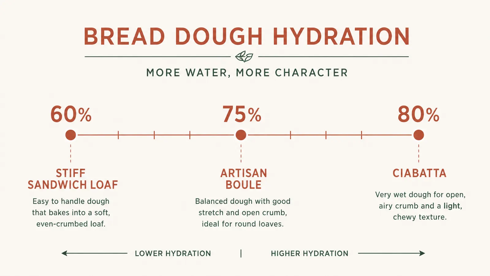 Chart showing bread dough hydration levels from 60 percent to 80 percent with texture descriptors