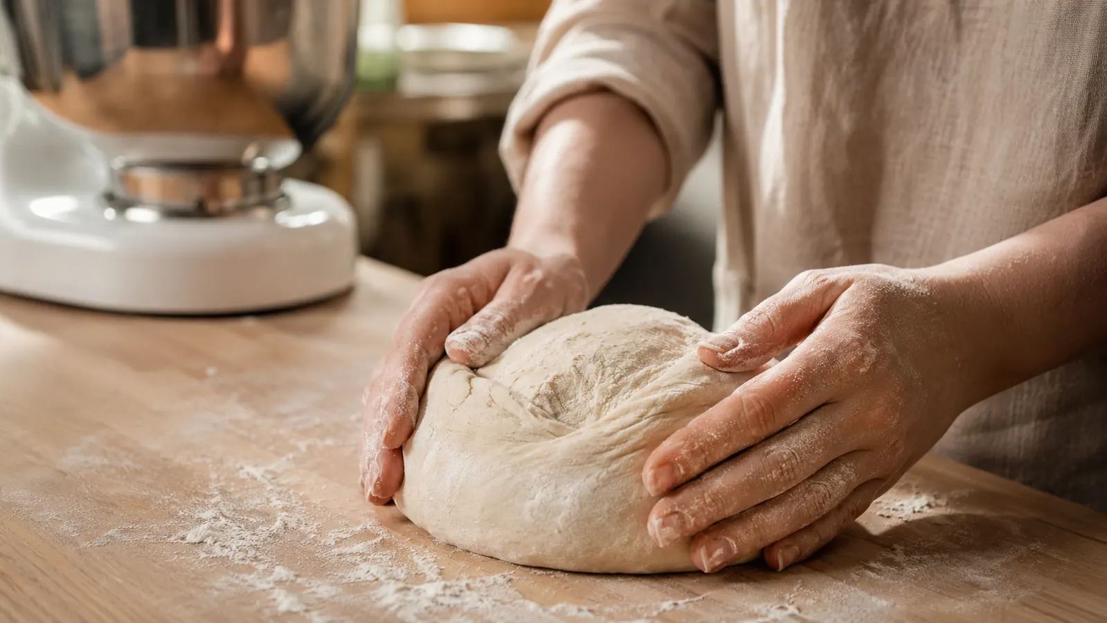 Home baker's hands shaping a round boule on a lightly floured surface next to a stand mixer