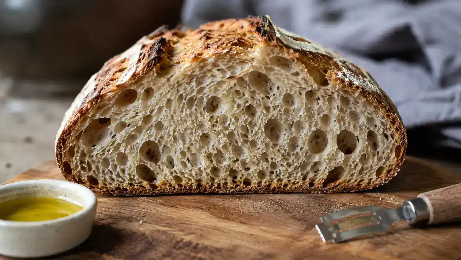 A sliced sourdough loaf showing open crumb structure on a wooden cutting board with a bread knife beside it