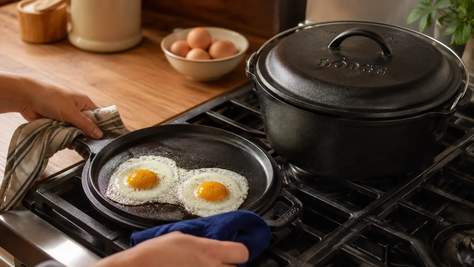 The Lodge Double Dutch Oven lid turned upside down being used as a skillet for cooking eggs on a stovetop