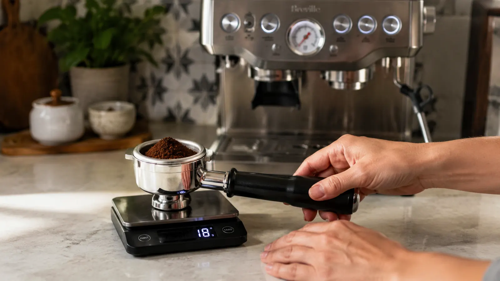 Portafilter resting on a kitchen scale with a small bowl of ground espresso showing dose measurement