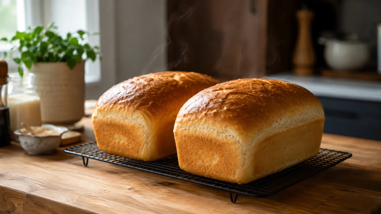 Freshly baked loaves of sandwich bread cooling on a wire rack on a wood kitchen counter