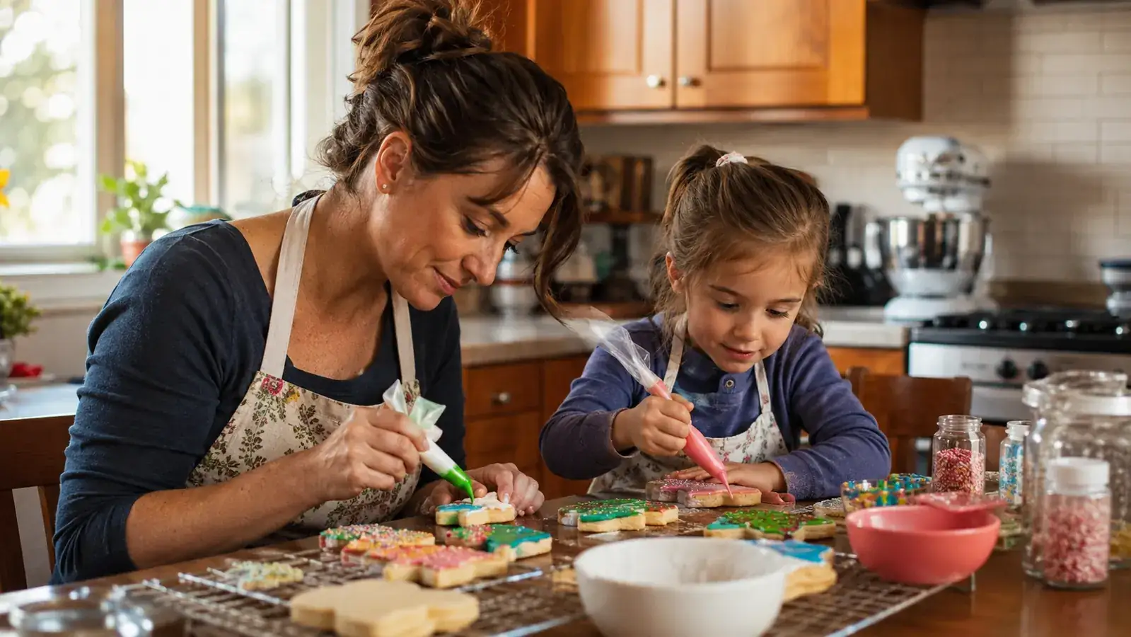 Woman and her daughter decorating cookies at a kitchen table, stand mixer visible in the background