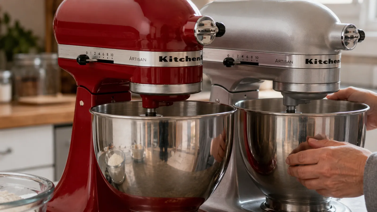 Side-by-side view of two KitchenAid Artisan mixers, one in Empire Red showing minor finish chipping near the head hinge, one in Contour Silver looking pristine
