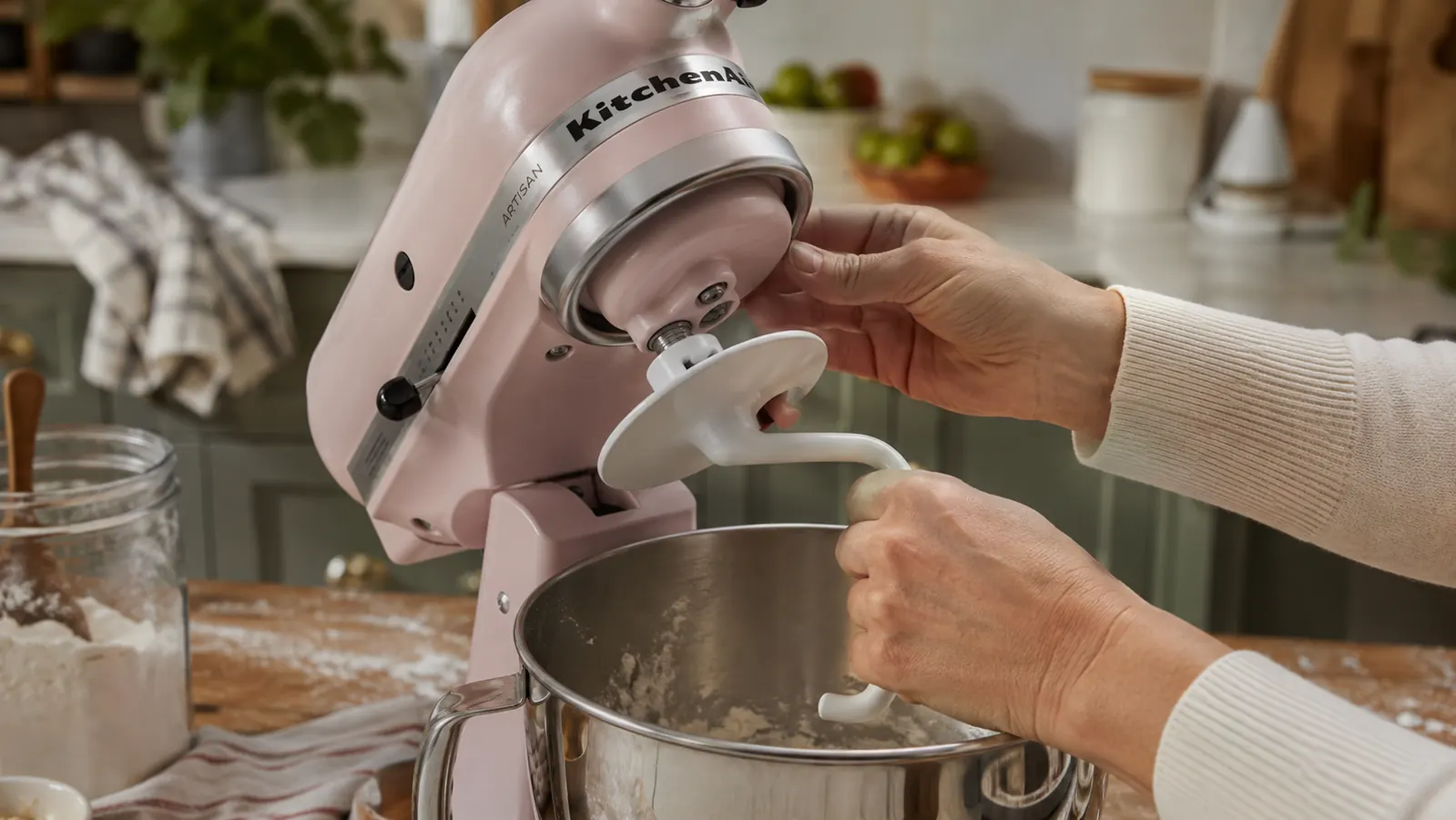Hands attaching the dough hook to a KitchenAid Artisan mixer before a bread baking session