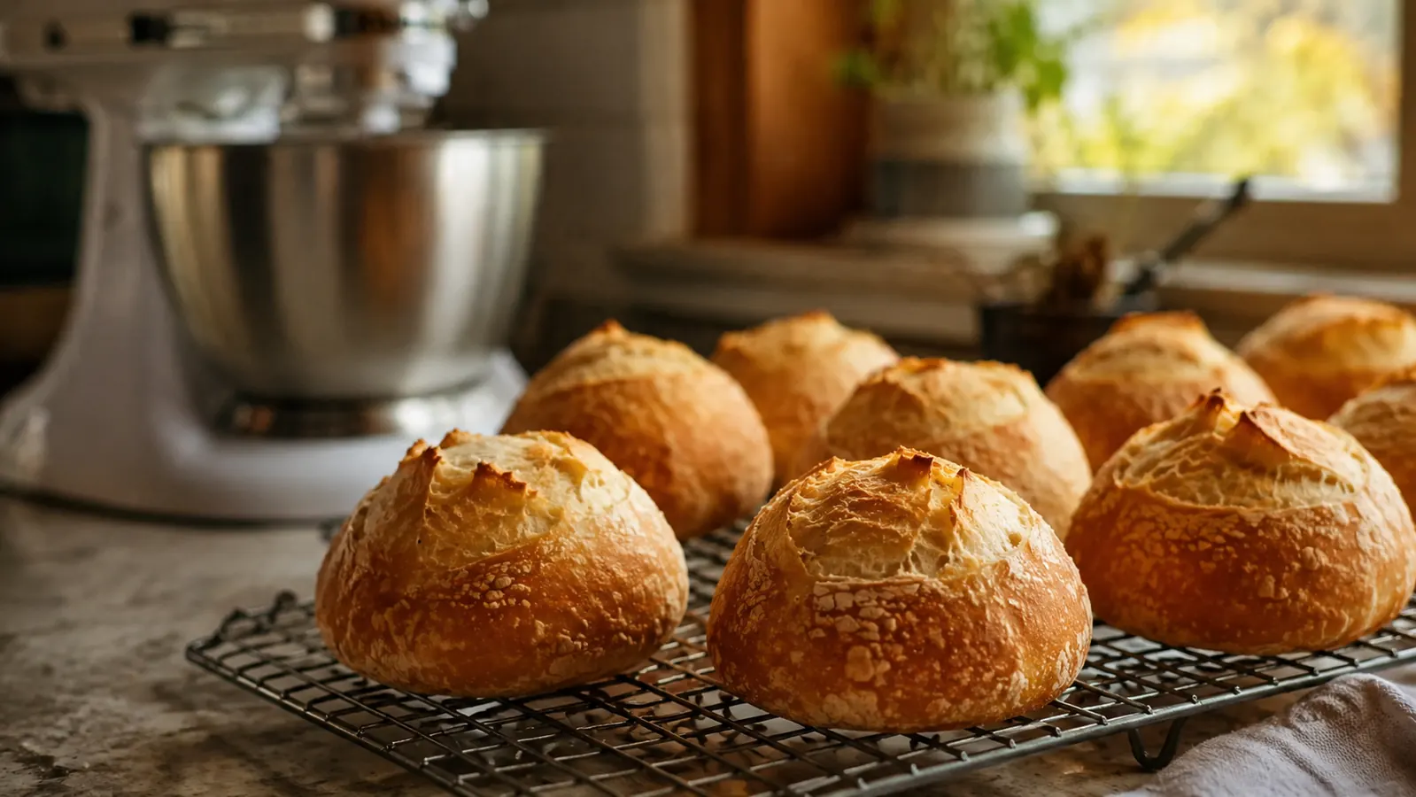 Tray of freshly baked sourdough rolls next to a KitchenAid Artisan mixer on a home kitchen counter