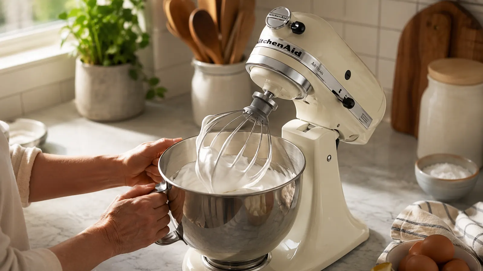 KitchenAid Artisan mixer running with the wire whip attachment, whipping egg whites in the stainless bowl