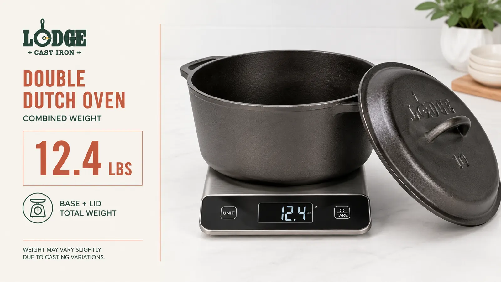 Lodge Dutch oven inverted on a kitchen scale showing 12.4 pounds total weight with lid