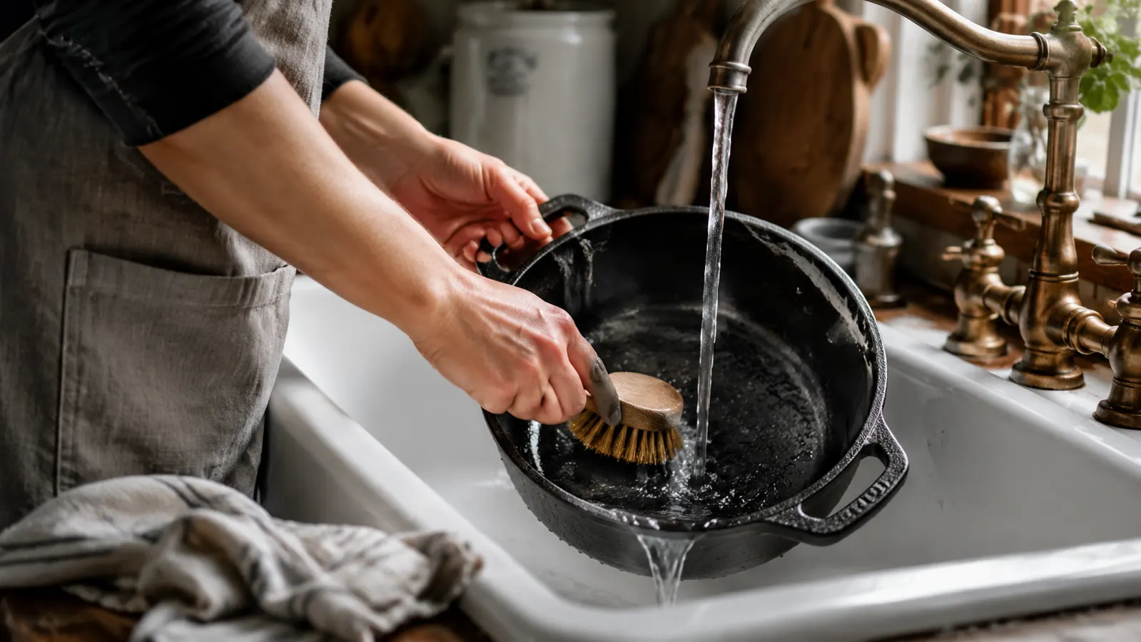 Home baker scrubbing a cast iron Dutch oven at the sink with a stiff brush, no soap bottle in sight