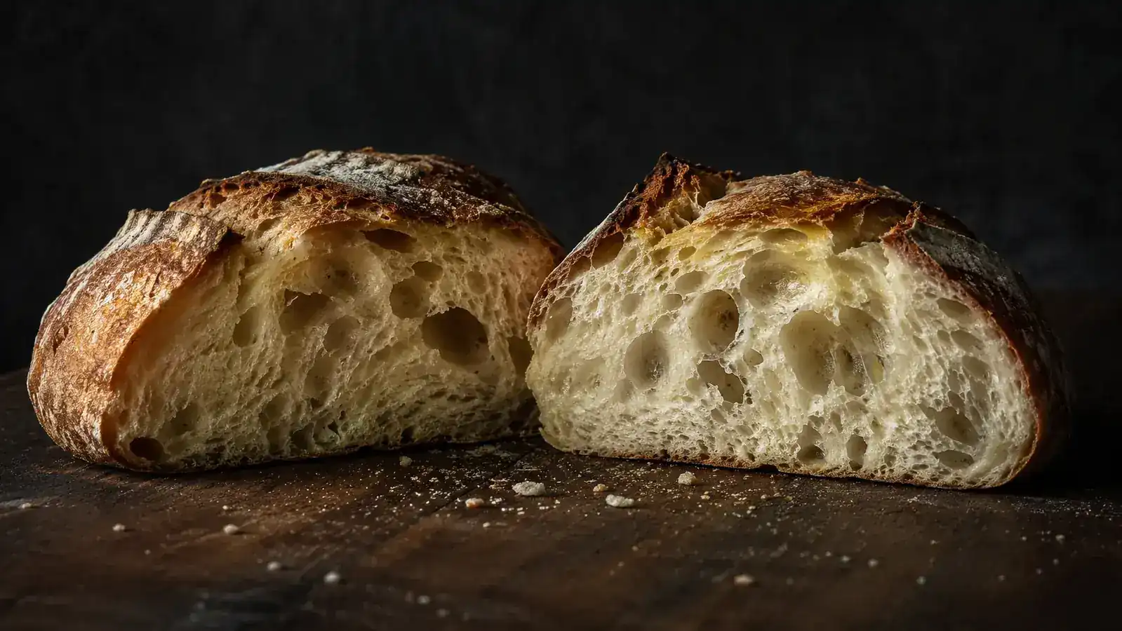 A sourdough loaf sliced open showing an open crumb structure with irregular air pockets