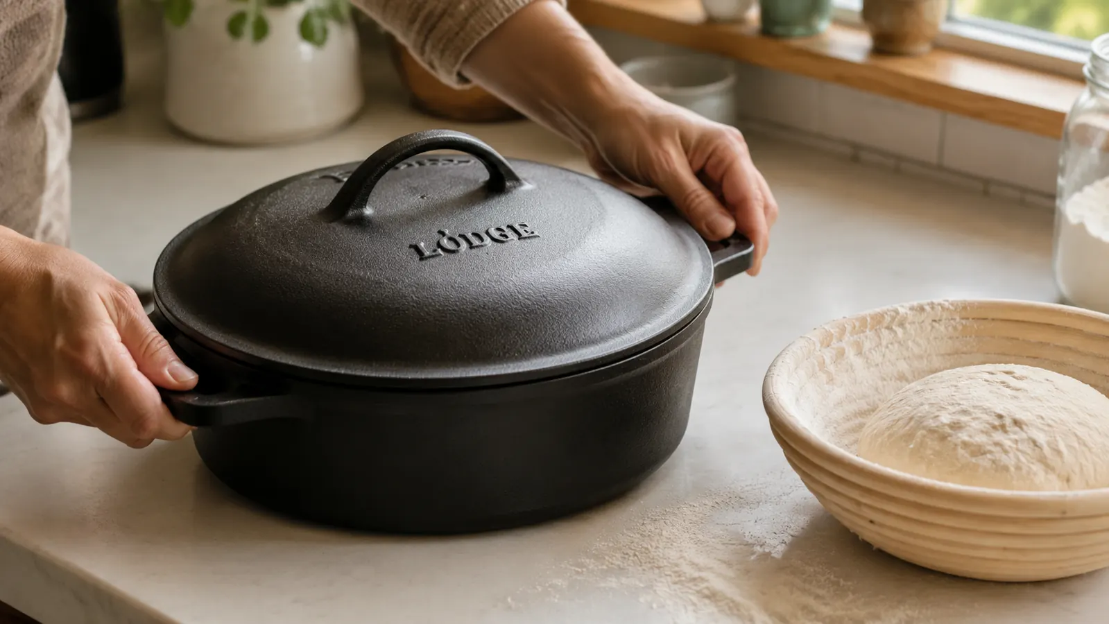 A black cast iron dutch oven with a skillet lid sitting on a kitchen counter beside a proofing basket