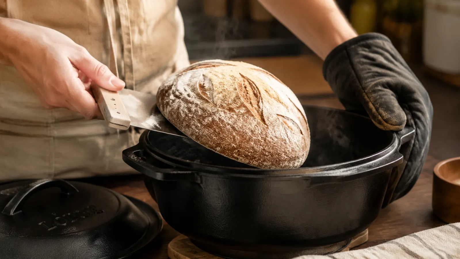 Hands lifting a scored sourdough loaf into a preheated Lodge Dutch oven using a bench scraper